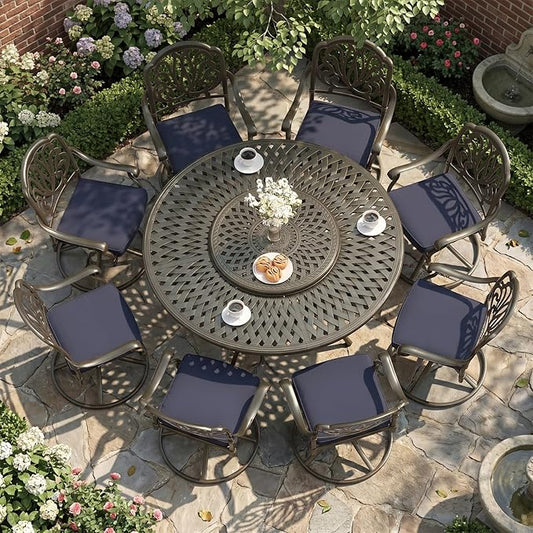 MEETWARM 9-Piece Outdoor Patio Dining Set, All-Weather Cast Aluminum Patio Conversation Set- 8 Cushioned Swivel Rocker, 61" Round Patio Dining Table w/Detachable Lazy Susan/Umbrella Hole, Navy Blue