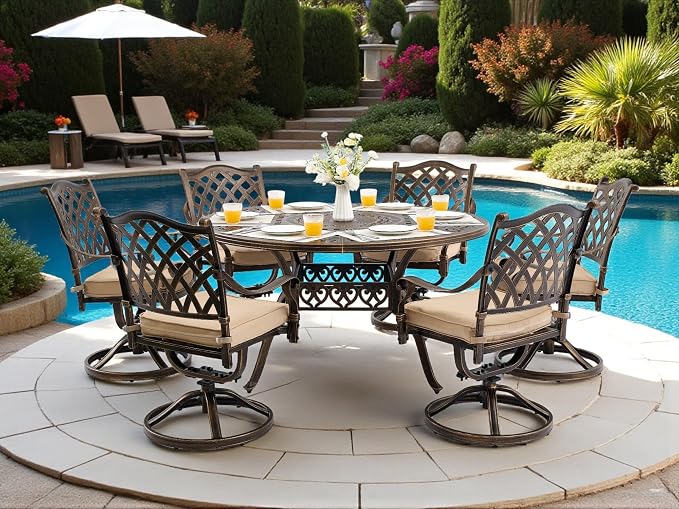 Outdoor Dining Set Cast Aluminum Retro Patio Dining Set with Thicker Cushion and Umbrella Hole for Patio Deck (Bronze Swivel Chair(Lattice), 7 Pcs(54" Round Table))