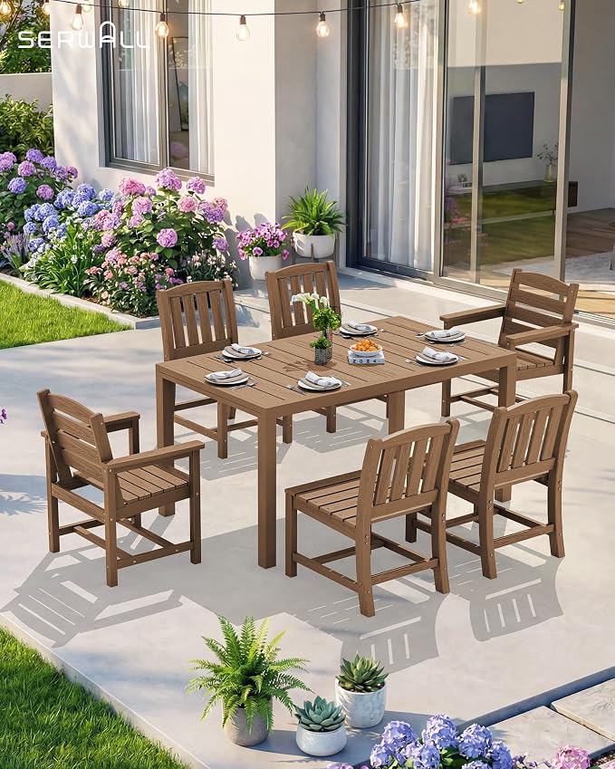 SERWALL Outdoor Expandable Dining Table 60" - 83", Brown | Patio Dining Table for 4-8 People, All Weather HDPE and Aluminum Outdoor Furniture