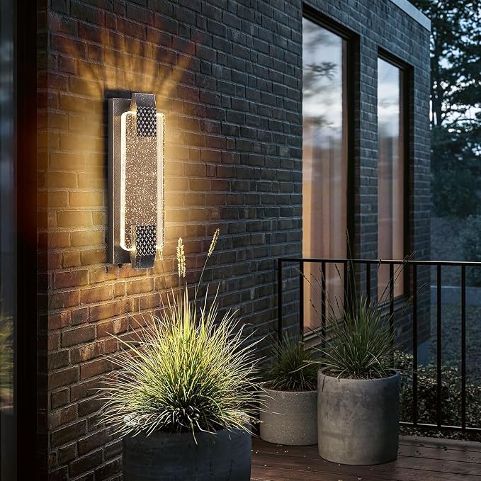 camuucci Dusk to Dawn Outdoor Wall Light, Sparkling Glow Porch Sconce | IP65 Waterproof Exterior LED Wall Light, Bubble Acrylic Design, 15.7-Inch Front Door Light for Porch Patio, Bronze