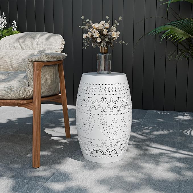 Iron Side Table for Outdoor Porch - White Cute Round Hollow Drum End Tables - Small Decorative Round Accent Table for Balconies or Patios