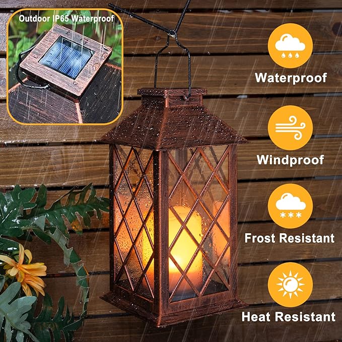 14" Solar Lanterns Outdoor Garden Lantern Waterproof LED Flickering Flameless Candle Mission Lights for Table,Outdoor,Party