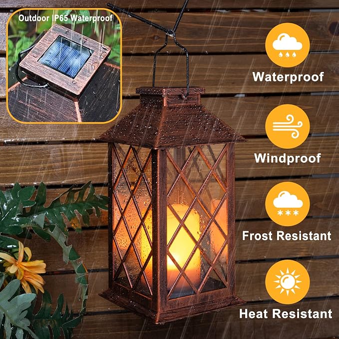 [2 Pack] TAKE ME 14" Solar Lantern Outdoor Garden Hanging Lantern Waterproof LED Flickering Flameless Candle Mission Lights for Table,Outdoor, Mothers Day Gifts Mom Wife