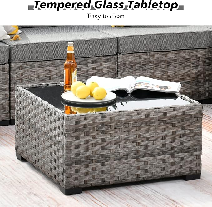 HOOOWOOO Outdoor Patio Sectional Furniture Sofa Set with Widened Armrest,12 Piece Large Modern Wicker Couch,Modular L Shaped Conversation Seating Set with Table for Out Door Garden Corner(Dark Grey)
