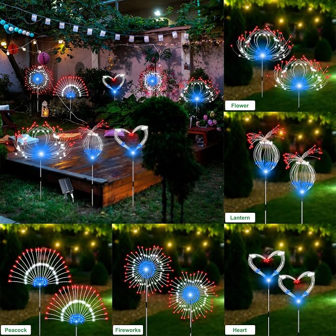 Slyuexu Solar Garden Lights Outdoor, 4 Pack Total 480 LED Solar Firework Lights Decorative 4th of July Decoration, Outdoor Waterproof Lights for Outside Yard Garden Pathway Decor