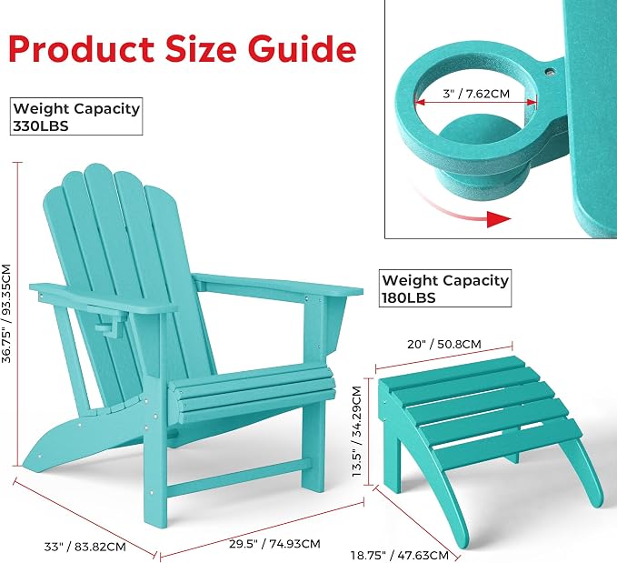 Costaelm Lakeview 2-Piece Outdoor Patio HDPE Adirondack Chair with Ottoman and Cup Holder Set, Turquoise