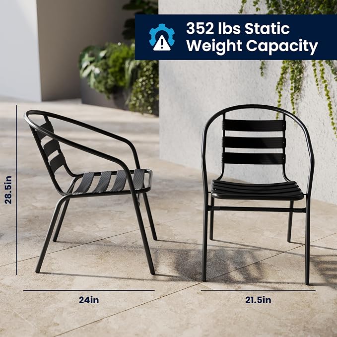 EMMA + OLIVER Patio Table & Chairs Set - Rectangular Metal Table with Tempered Glass Top - 4 Black Aluminum Stacking Chairs - All Weather for Indoor/Outdoor Use