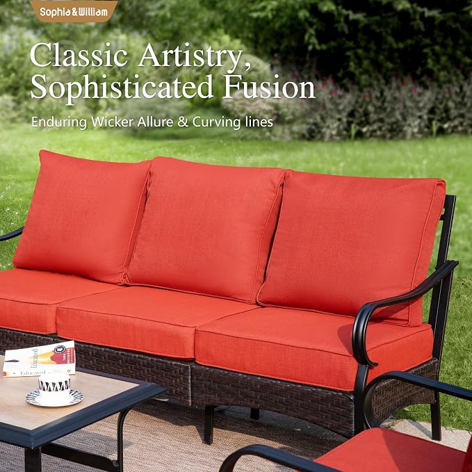 Sophia & William Patio Furniture Set with Fire Pit Table, 4PCS Metal Outdoor Conversation Set with Fire Pit Table, 2 Swivel Chairs,1 Loveseat,3-Seater Couch for Outdoor Seating,Backyard,Porch(Red)