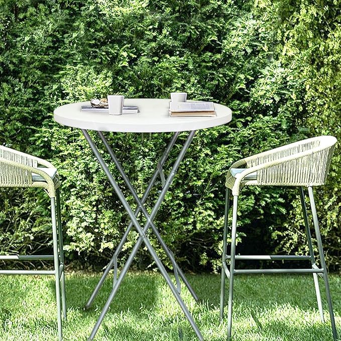 32in Cocktail Table, Plastic Folding Round High Top Indoor Outdoor Use, Foldable Bar Height Table for Parties and Commercial Events (White)