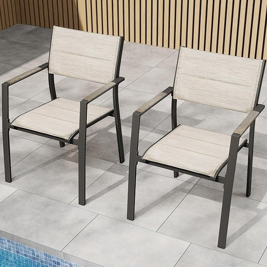 Outdoor Patio Dining Chairs Set of 2, Light Weight Aluminum Frame with Textilene Fabric & Wood-Like Armrest, 275 LBS Capacity, Outdoor Stackable Chairs for Poolside Lawn Garden, Grey Armrest
