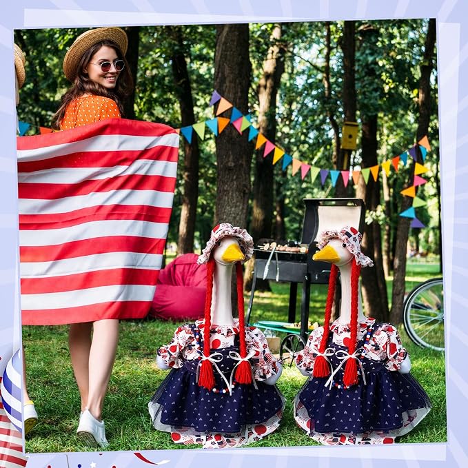 4th of July Porch Goose Outfit Patriotic Independence Goose Clothes for 23" High Cement or Plastic Geese Costume for Yard Lawn Outdoor Garden 250 Anniversary Duck Statue Dress USA American Flag Decor