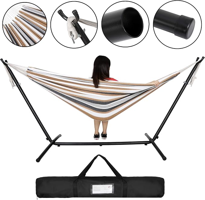 Portable 2-Person Hammock with Heavy Duty Steel Stand, Carrying Case and 6 Optional Hook Positions, Double Hammock for Indoor Outdoor Patio Bedroom (Desert Stripes)