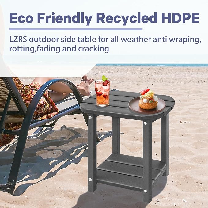 LZRS 2-Tier Patio Side Table, Heavy Duty HDPE Outdoor End Table with Wood Texture, Weatherproof Composite Table for Adirondack Chairs, Deck, Pool, Indoor/Outdoor, No Peeling Cracking(Grey)