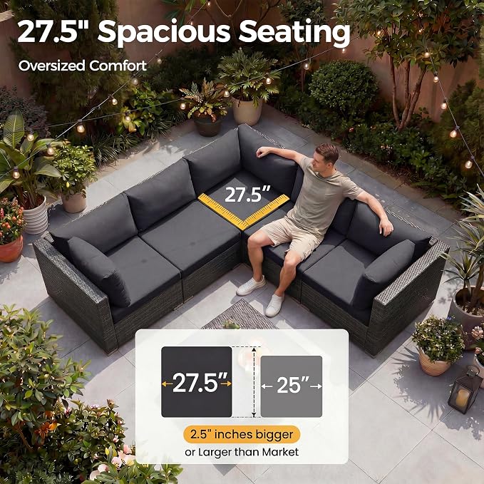 NICESOUL 13 Piece Patio Furniture Set with Fire Pit Table, Luxury Wicker Outdoor Patio Sectional with Fire Pit & Chaise Lounge, 29.3" Highback Extra Large Size Wide Deep Seating, Dark Gray