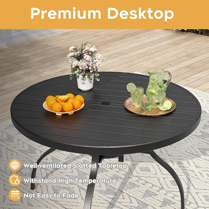 47" Round Faux Wood Patio Table with Umbrella Hole – Realistic Wood Grain Slat Top, Rust-Resistant Metal Legs, Outdoor Dining Table for 6 for Patio Deck Backyard, Black