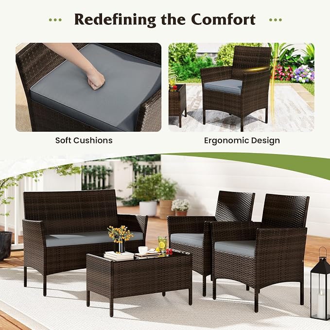 S AFSTAR 4 Pieces Patio Rattan Conversation Set, Patio PE Outdoor Set w/Tempered Glass Coffee Table, Loveseat & Chairs, Zippered Gray Cushions, Wicker Patio Sofa Set for Backyard, Garden & Poolside