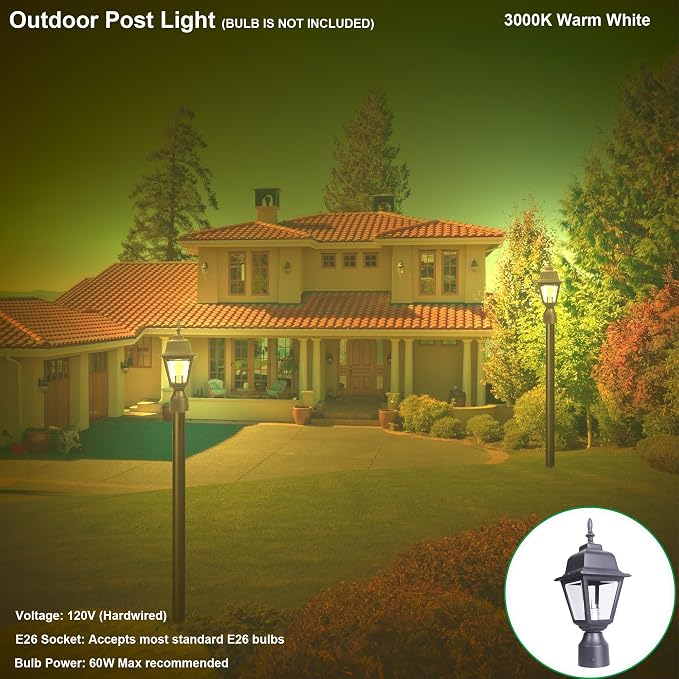 Outdoor Post Light, Rustproof Aluminum Pole Lamp, Black | Exterior Lamp Post Light Fixture for Garden, Yard, Pathway, Waterproof, Glass, E26 Base, Max 60W, 2 Pack
