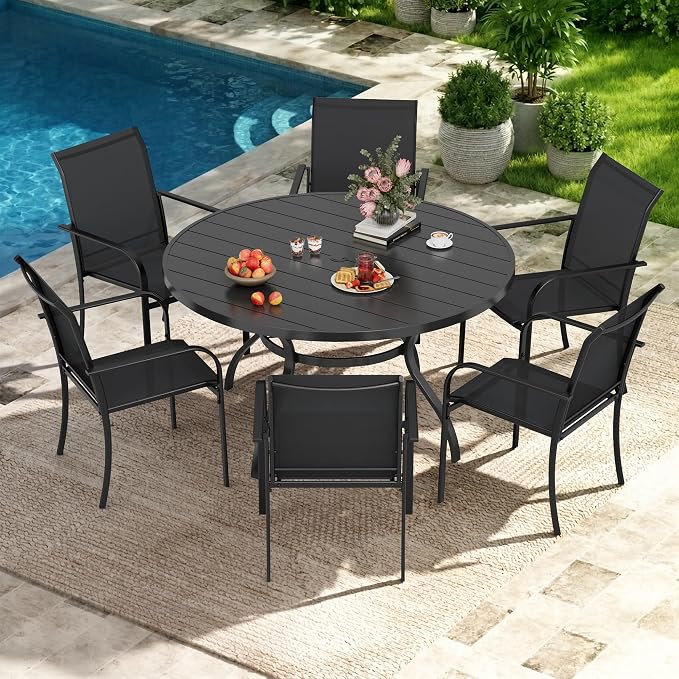 7-Piece Patio Dining Set,6 Person Outdoor Table and Chairs Set, 6 Metal Dining Chairs and Round Outdoor Table with 1.57" Umbrella Hole,Black