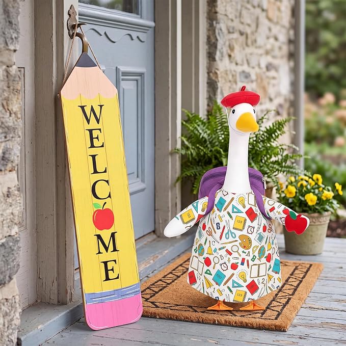 FuWeave Back to School Porch Goose Outfit Set for Plastic Statue Lawn Porch Goose Clothes with Schoolbag for Patio Decor