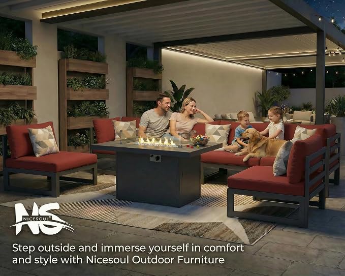 NICESOUL 7 Person Modern Aluminum Outdoor Patio Furniture Set with Chaise & Firepit Table, 29" Wide Deep Seating, Water Resistant Modular Sectional Couch, Large Conversation Set for Poolside Deck, Red