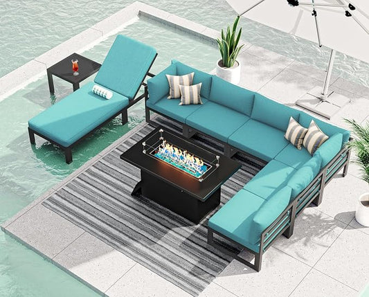 RADIATA Oversized Modern Aluminum Patio Furniture Set with Lounge Chair & Fire Pit Table, 29" Wide Deep Seated, Comfy Outdoor Sectional Sofa Set of 9, 500 lbs Heavy Duty Conversation Set, Turquoise