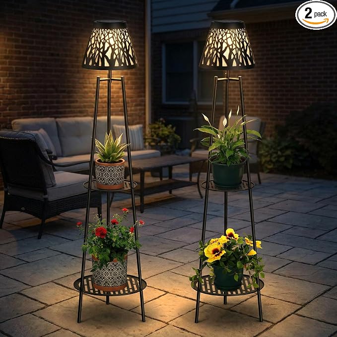 2 Pack Solar Floor Lamps Outdoor with 2-Tier Plant Stand, Metal Tall Planter Holder with Waterproof LED Lantern, Decorative Patio Light & Flower Pot Display Rack for Garden, Deck, Porch, Balcony