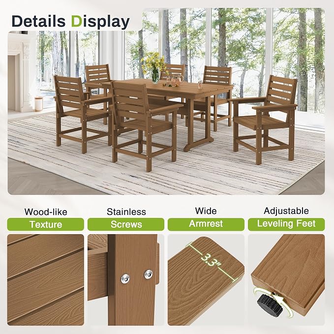 Outdoor Dining Chairs Set of 2, All Weather HDPS Patio Dining Chairs, Heavy Duty Outdoor Chair with Armrest for Backyard Deck Porch, Brown