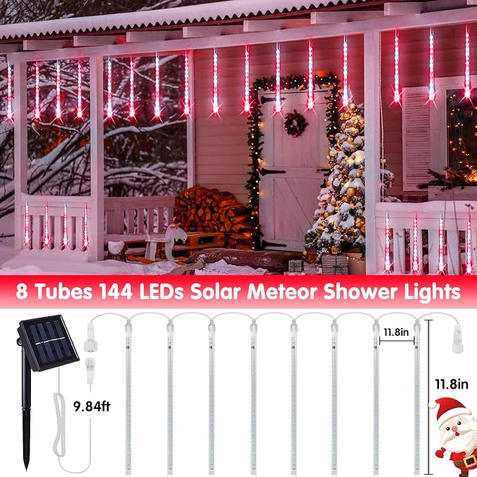 JMEXSUSS Red and White Solar Meteor Shower Rain Lights | 8 Tube 144 LED Solar Christmas Lights for Party Holiday Yard Patio Decorations