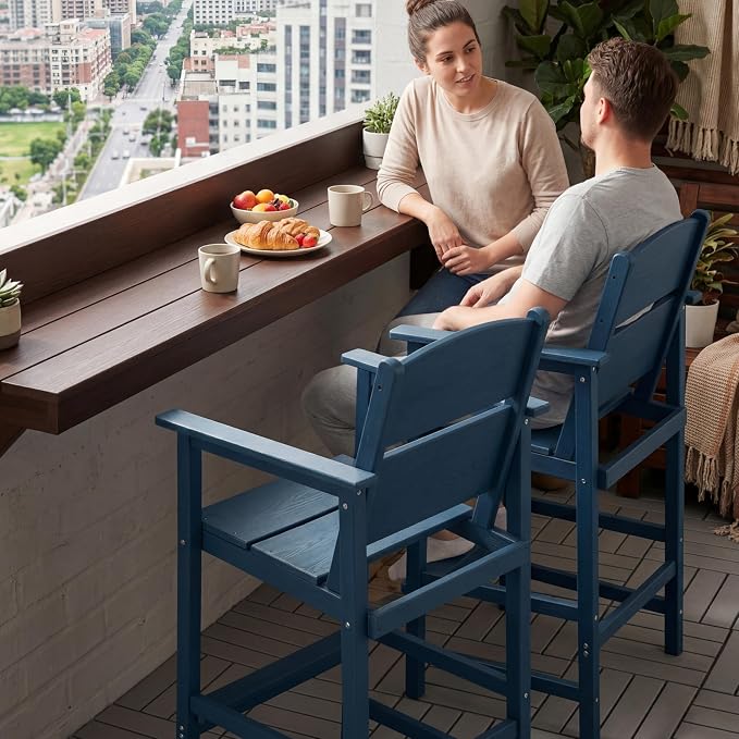 4 Pack Outdoor Bar Stools, HDPE Patio Bar Chairs with Armrests & Footrest, Weather Resistant All-Weather Counter Height Chairs for Outdoor Deck, Backyard, Poolside,Blue