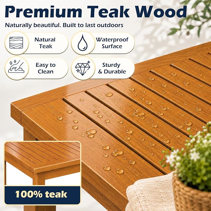 Outdoor Teak Coffee Table, 40" Wooden Patio Coffee Table with Protective Cover, Solid Teak Outdoor Coffee Table for Patio, Garden, Poolside, Balcony and Backyard