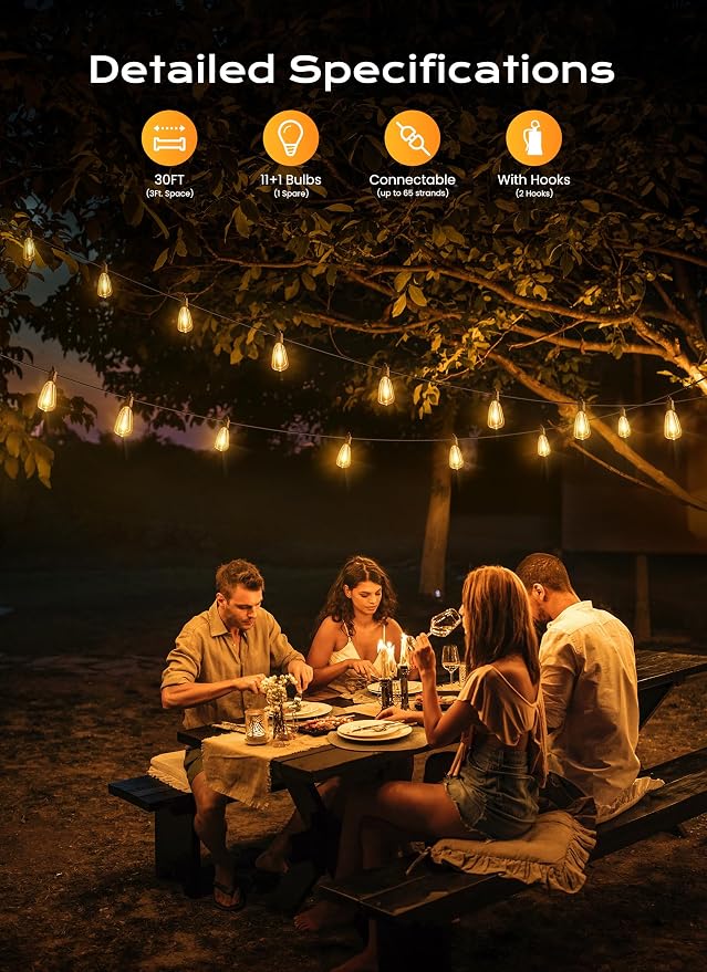 Brightown Outdoor String Lights, 30FT 11+1 LED ST38 LED Patio Lights Shatterproof, Dimmable IP65 Waterproof Connectable Hanging Outdoor Light for Backyard, Porch, Deck, Balcony
