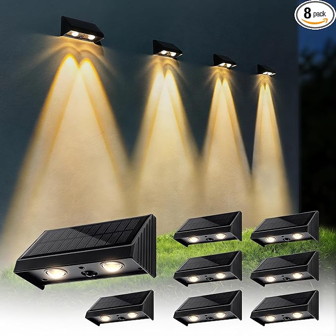 Solar Fence Lights Outdoor for Wall, Step, Deck, Porch, Address | 3000K Downlights Dusk to Dawn LED Convex Lens Warm White Lighting Waterproof Solar Powered 8 Pack