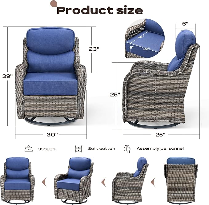 Rilyson Outdoor Swivel Rocker Chairs - All Weather Resistant Wicker Patio Furniture Set of 2 with High Back and 6 inch Thick Cushions for Deck Porch Yard and Poolside, Mixed Grey/Blue