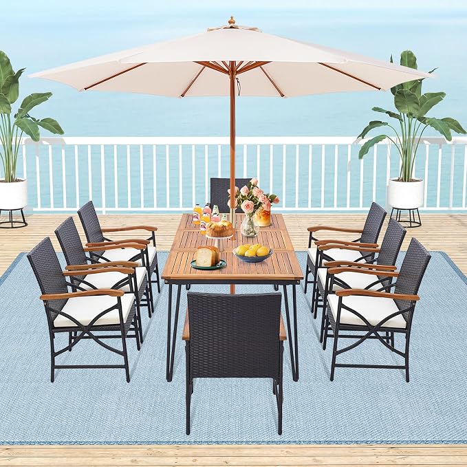Tangkula 9 Pieces Patio Dining Table and Chairs Set with Umbrella Hole, Acacia Wood Table with Metal Frame, and Heavy Duty Cushioned Wicker Chairs, for Backyard, Garden and Poolside (Mix Brown)