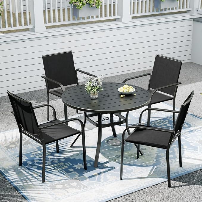 Outdoor Dining Table with 4-Piece Stackable Chairs,41" Round Patio Table with Adjustable Umbrella Hole,Stable Patio Dining Set for Home or Outside