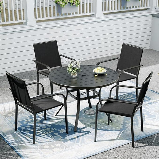 Outdoor Dining Table with 4-Piece Stackable Chairs,41" Round Patio Table with Adjustable Umbrella Hole,Stable Patio Dining Set for Home or Outside