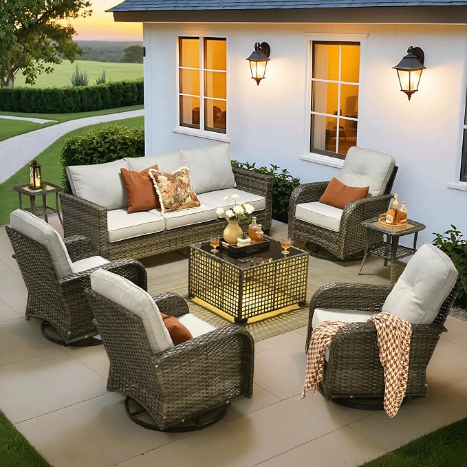 ovios 8 Pieces Patio Furniture Set, Outdoor Wicker Sofa Couch with Swivel Glider Chairs Solar Lights Table, Modern Deep Seat Rattan Conversation Sets for Deck Porch, Grey
