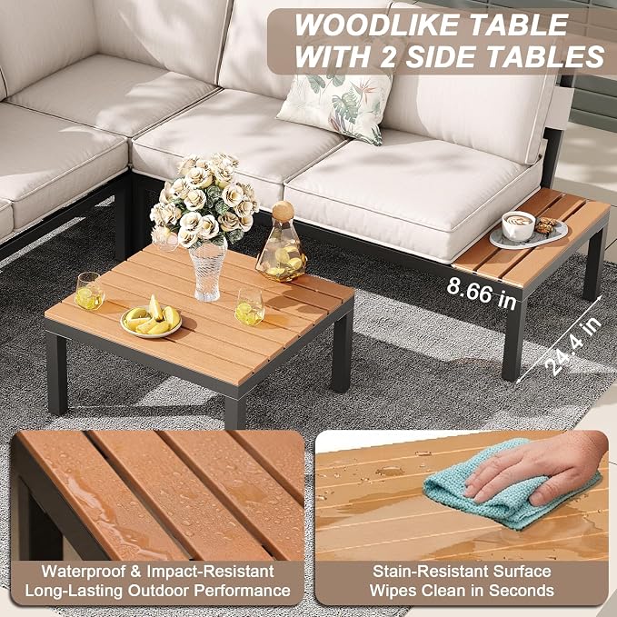 JOYURE 4-Piece Patio Furniture Set,Metal Outdoor Sectional Sofa with 3 Fauxwood Tables &Adjustable Reclining Chair,Patio Modular L Shape Sofa with Thickened Cushions for Backyard,Deck,Balcony,Beige