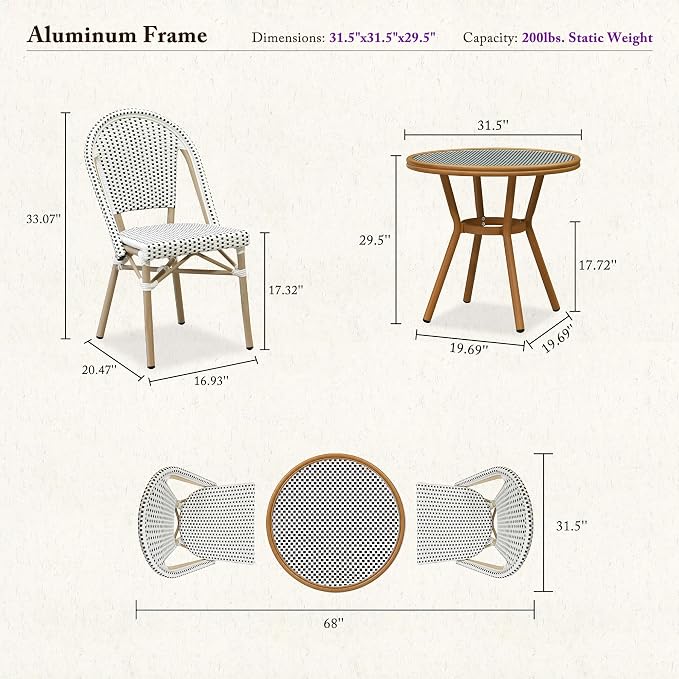 PURPLE LEAF 3-Piece French Bistro Dining Set Round Outdoor Patio Table and 2 Armless Chairs Tempered Glass Top PE Rattan Champagne Print Finish Aluminum Frame White