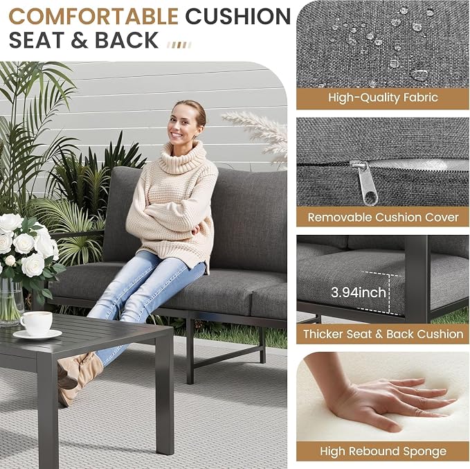 4-Piece Aluminum Patio Conversation Sets All-Weather Sectional Outdoor Furniture Set with Coffee Table & Cushions with Removable Covers for for Backyard, Garden and Poolside Easy Assembly(Gray)