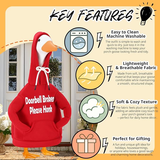 Porch Goose Hoodie Outfits for 23 Inch Porch Goose & Duck Statues, Classic Hoodie Goose Clothes for Concrete Geese, Funny Doorbell Goose for Front Porch & Garden Decor