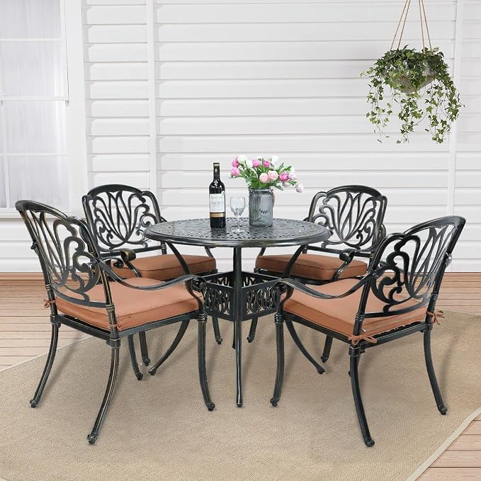 5-Piece Outdoor Patio Dining Set, All-Weather Cast Aluminum Patio Table Set, Include 4 Cushioned Chairs and a 35.4 inch Round Table w/Umbrella Hole for Balcony Garden Backyard, Khaki