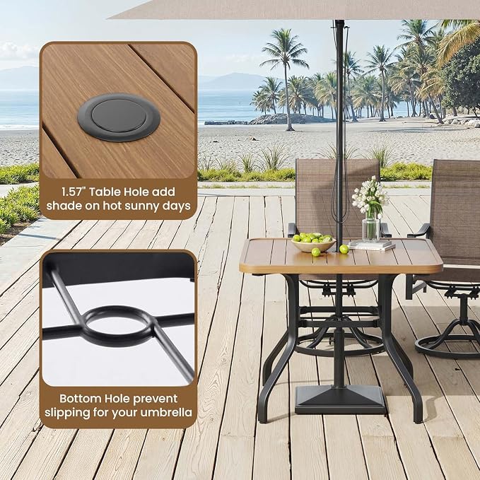 HRVEOCEI 35" Outdoor Square Table with Umbrella Hole, Metal Patio Dining Tables for Lawn Garden, Wood-Like Grain Bistro Table Outdoor for Backyard,Poolside,Deck,Por (Natural, Square)