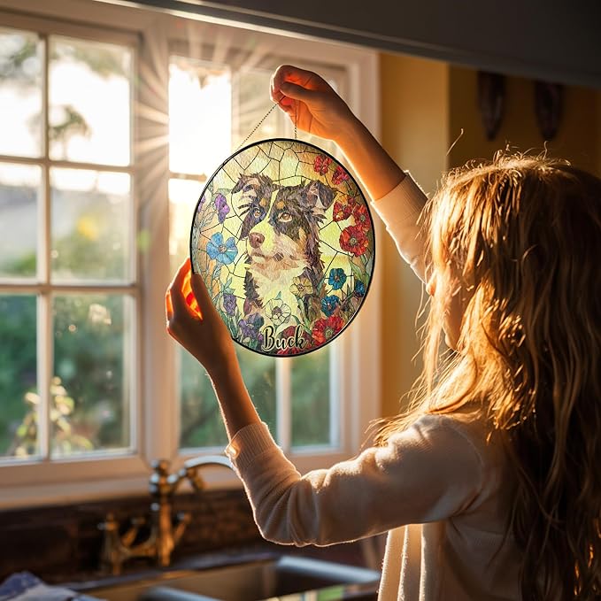 Personalized Stained Glass Pet Photo Suncatcher – Custom Pet Portrait Memorial Window Hanging with Flowers, Keepsake Valentines Gift for Dog Lovers, Cat Lovers, Family Home Decor
