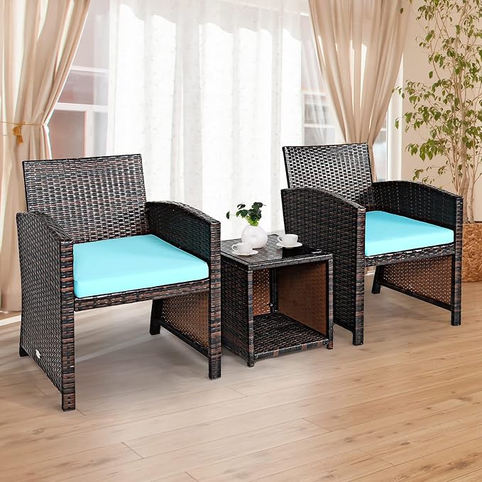 Tangkula 3-Piece Outdoor PE Rattan Furniture Set, Patio Conversation Set w/Chair & Storage Coffee Table, Detachable Cushion, Stable X-Shaped Frame, Perfect for Garden, Backyard, Poolside (Turquoise)