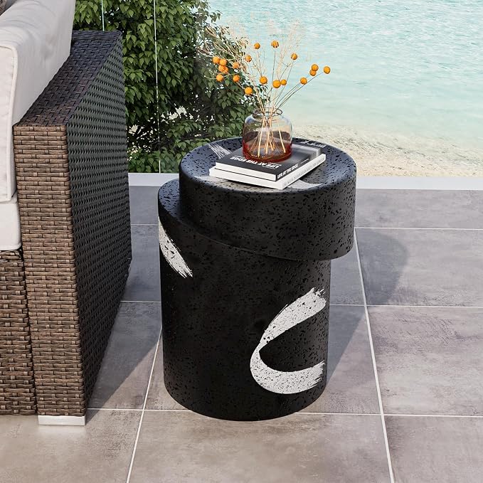 COSIEST Outdoor Side Table Black, Cylinder Shaped MgO Concrete Side Table, Lightweight Accent Table w Scrawl Patio End Table, Round Plant Stand for Garden and Deck