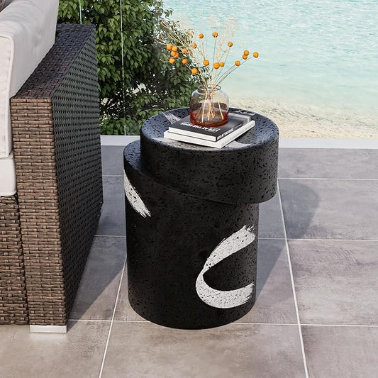 COSIEST Outdoor Side Table Black, Cylinder Shaped MgO Concrete Side Table, Lightweight Accent Table w Scrawl Patio End Table, Round Plant Stand for Garden and Deck