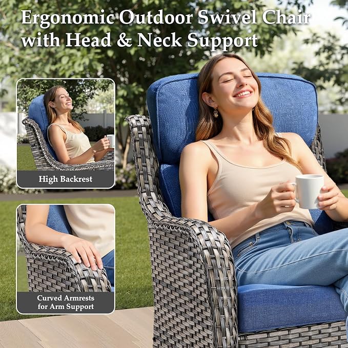 Luxury Outdoor Patio Furniture Set-Wicker High Backrest 3-Seat Patio Sofa with Comfy 6" Cushion, Rattan Couch with Deep Seat All-Weather Patio Conversation Set for Deck Backyard Garden(Grey/Blue)