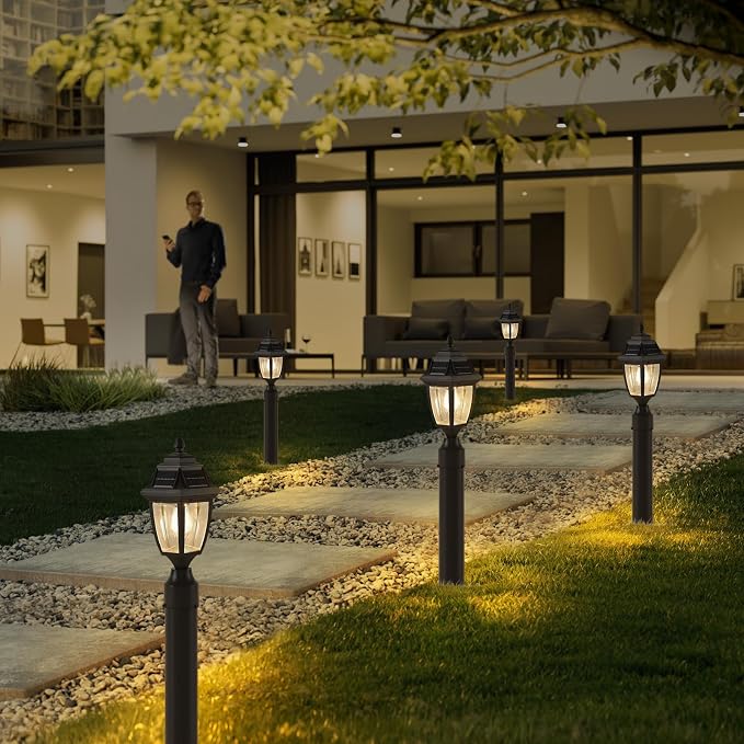 Solar Outdoor Post Lights 2 Pack, Dusk to Dawn Column light with Base | Dusk to Dawn Outdoor Post Light Fixtures, Black Exterior Solar powered Pole Light for Outside Porch Yard Pathway Driveway