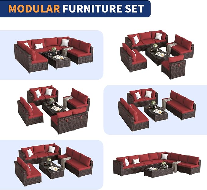 Patio Furniture Set, Modular 10-Piece Patio Conversation Sets with Coffee Table, All-Weather Wicker Outdoor Sectional for Backyard and Balcony, Wine (Waterproof Covers Included)
